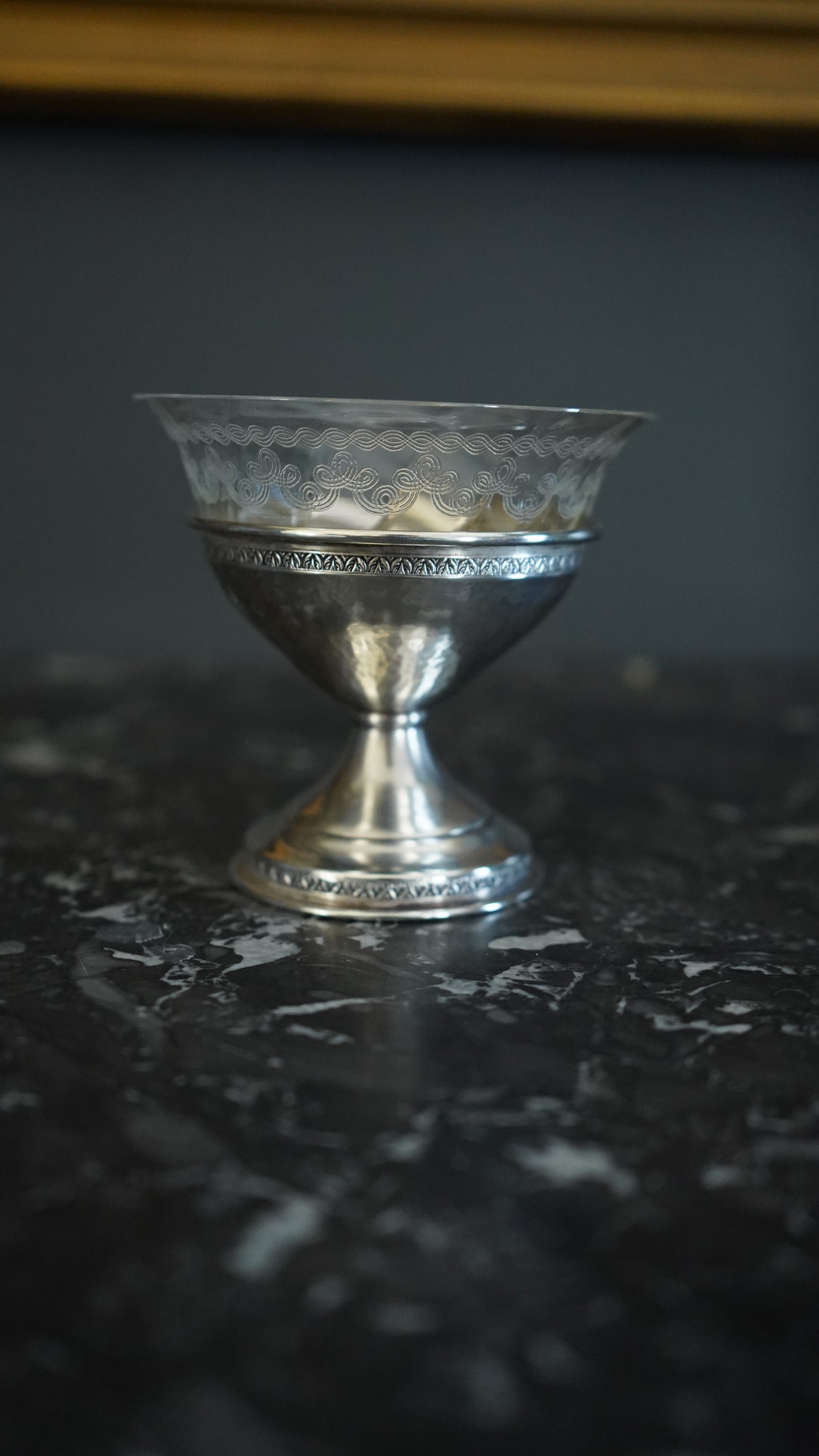 Set of 6 Sterling Silver & Etched Glass Dessert Cups