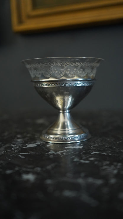 Set of 6 Sterling Silver & Etched Glass Dessert Cups