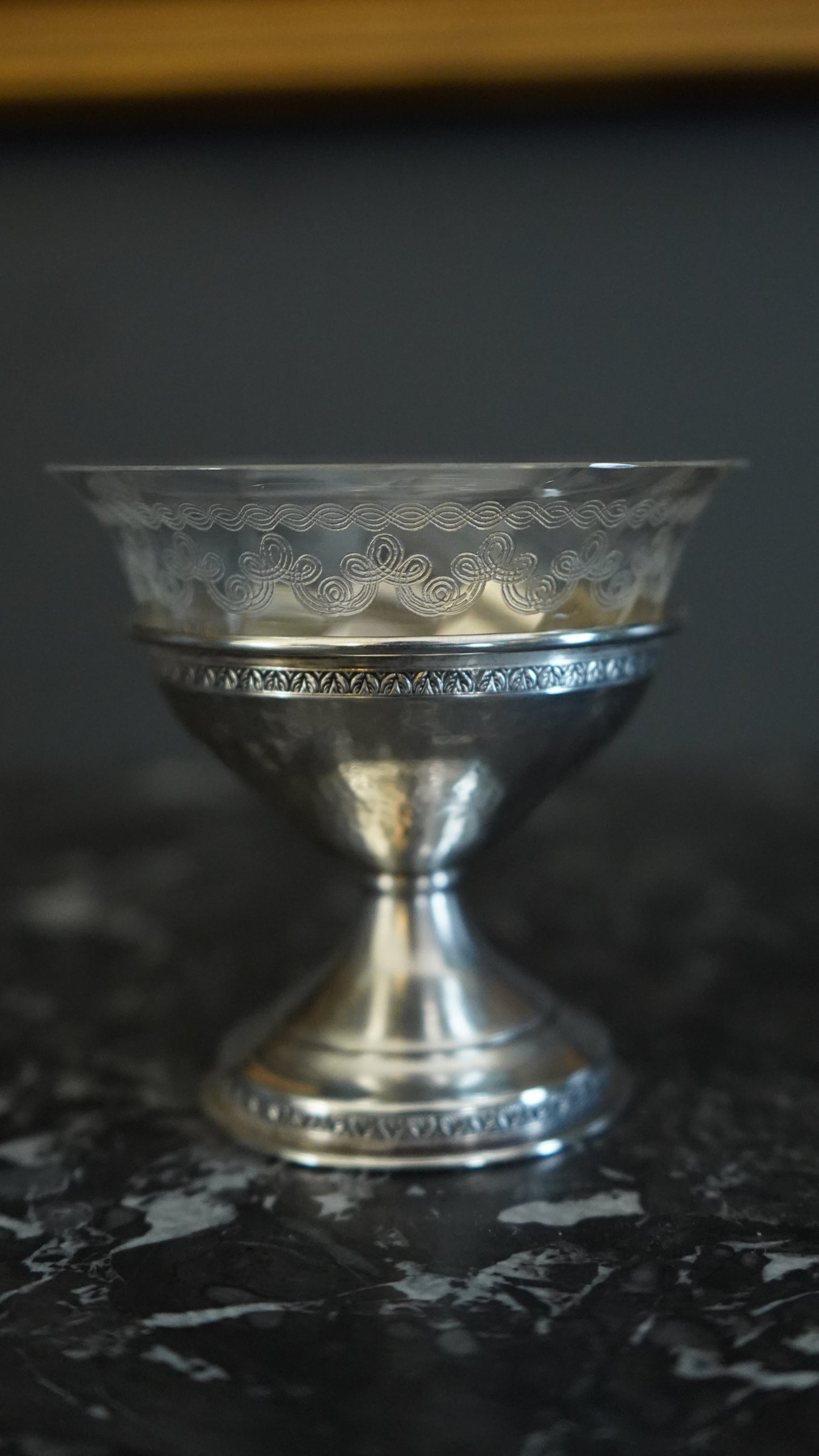 Set of 6 Sterling Silver & Etched Glass Dessert Cups
