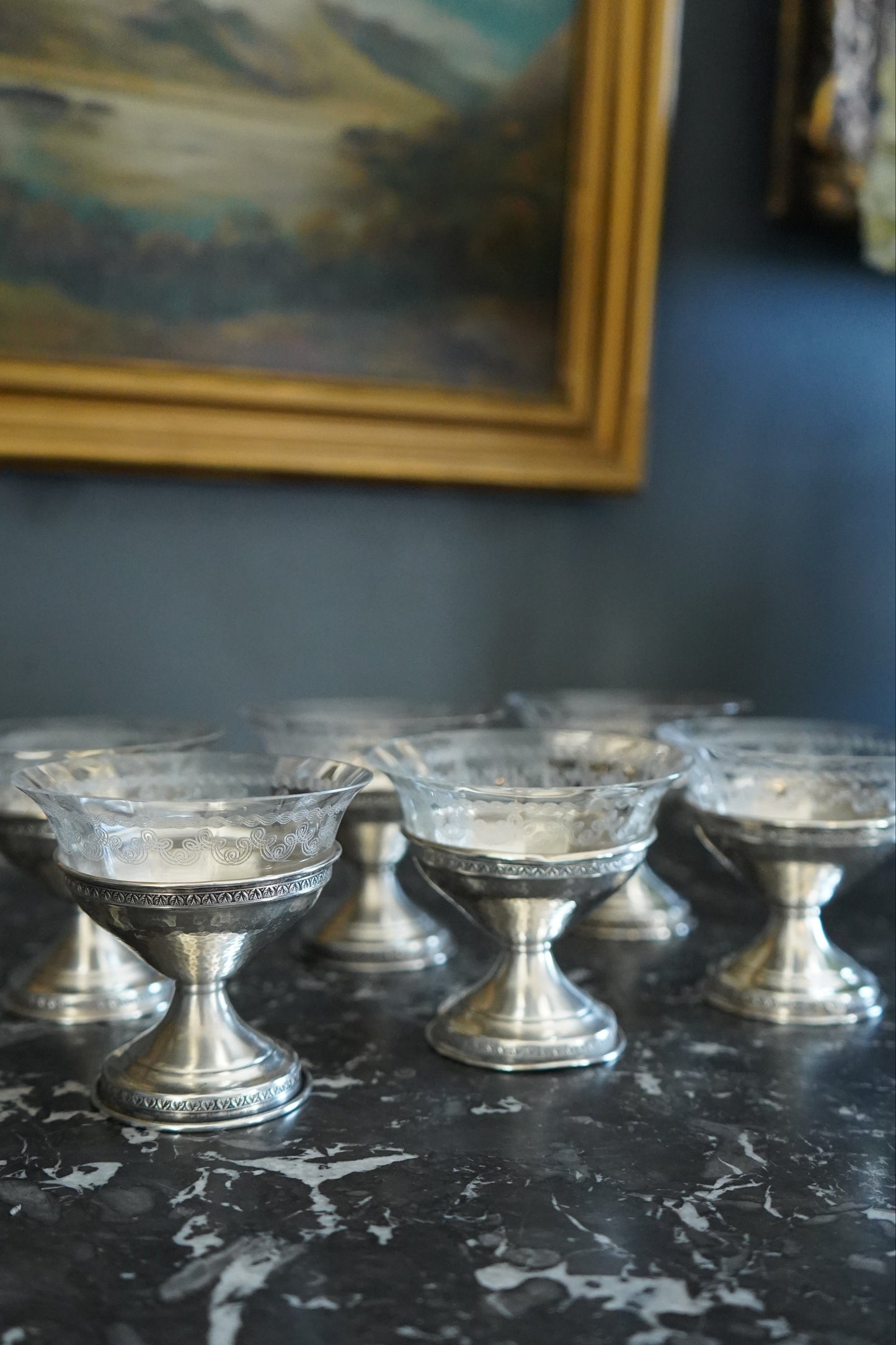 Set of 6 Sterling Silver & Etched Glass Dessert Cups