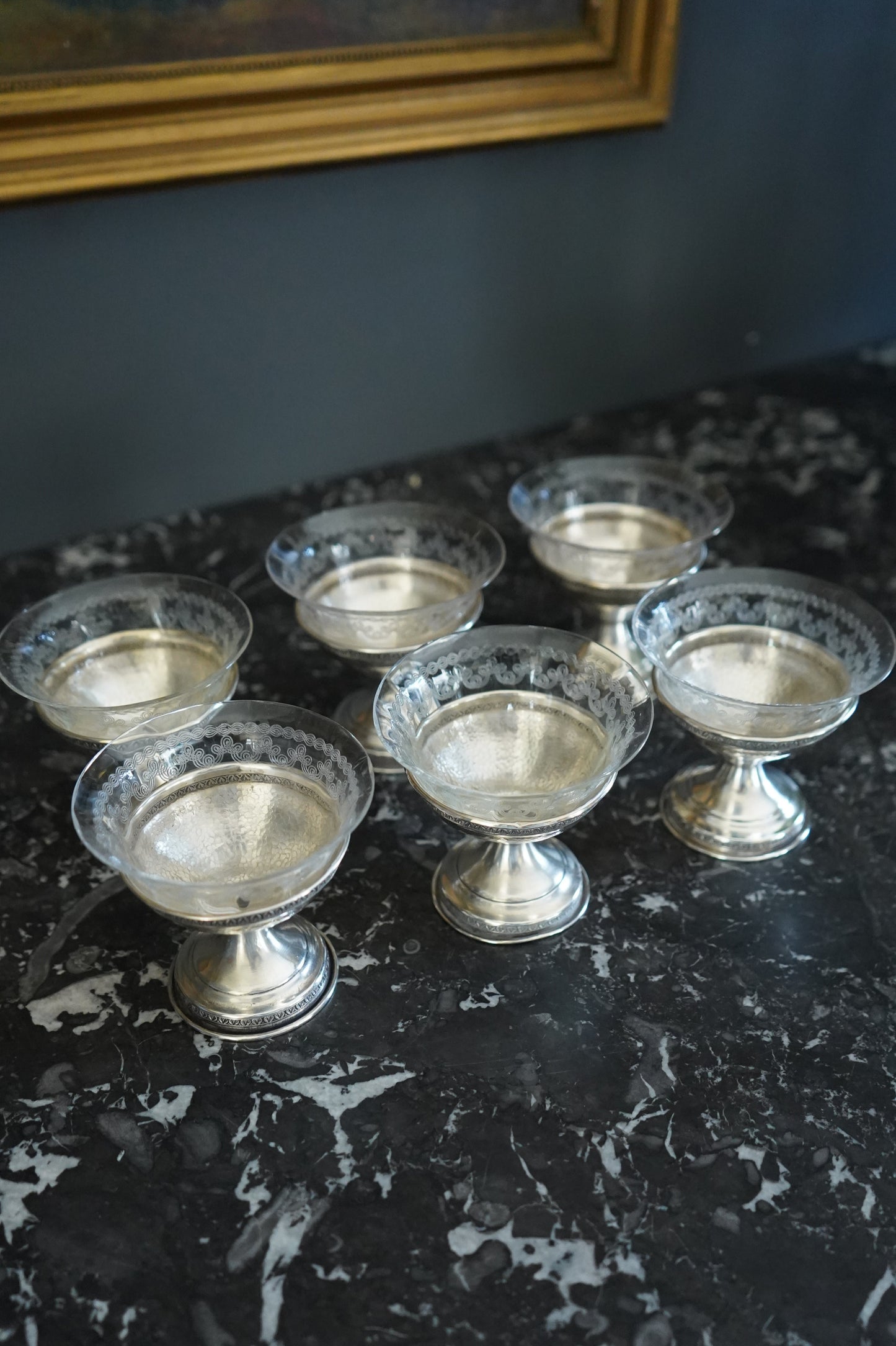 Set of 6 Sterling Silver & Etched Glass Dessert Cups