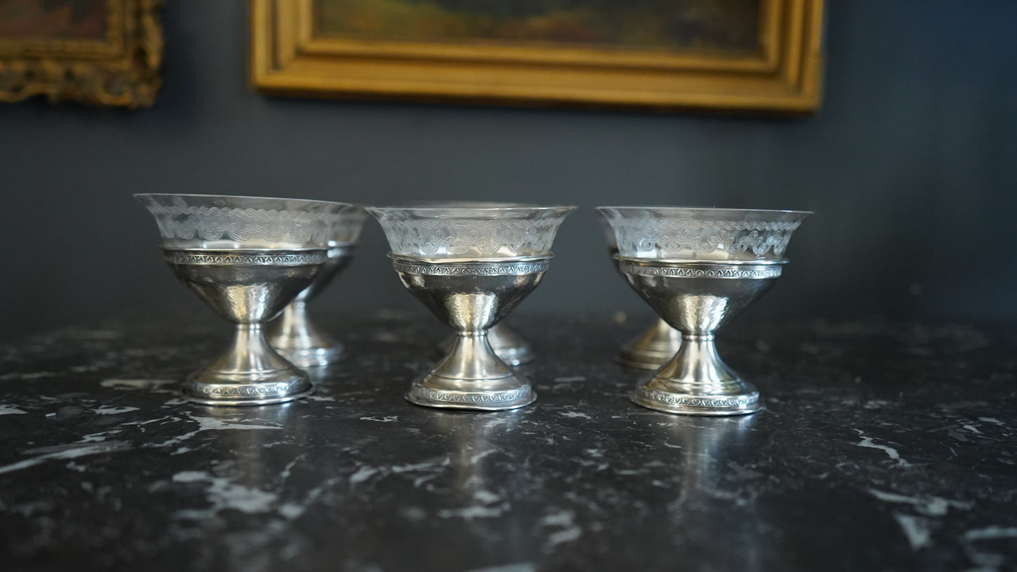 Set of 6 Sterling Silver & Etched Glass Dessert Cups