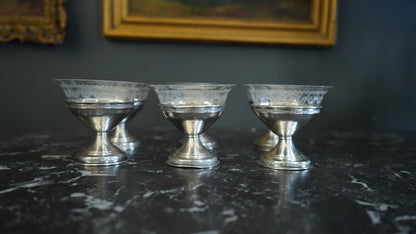 Set of 6 Sterling Silver & Etched Glass Dessert Cups