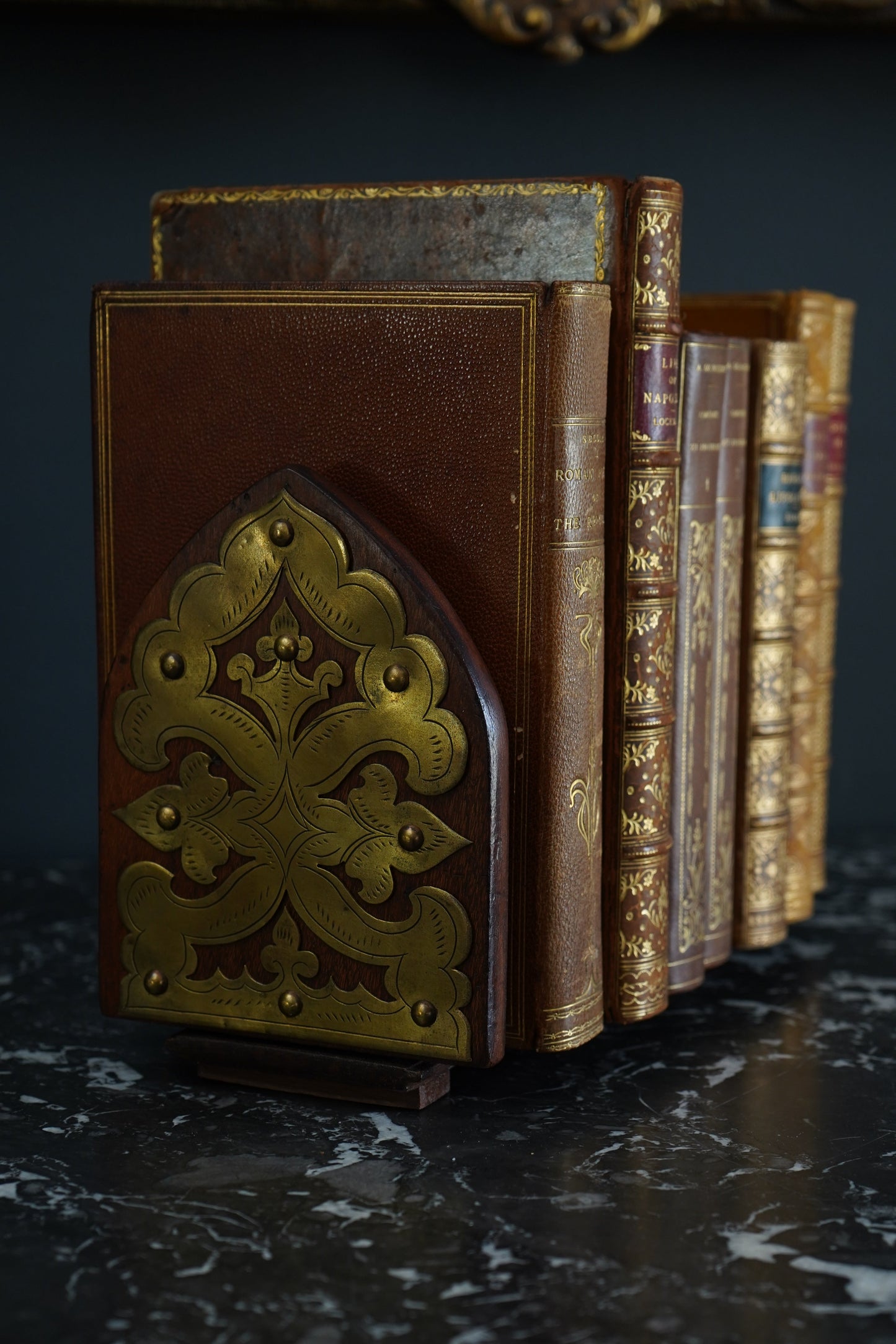 Antique Gothic Revival Folding Book Slide in Oak and Brass, c. 1890
