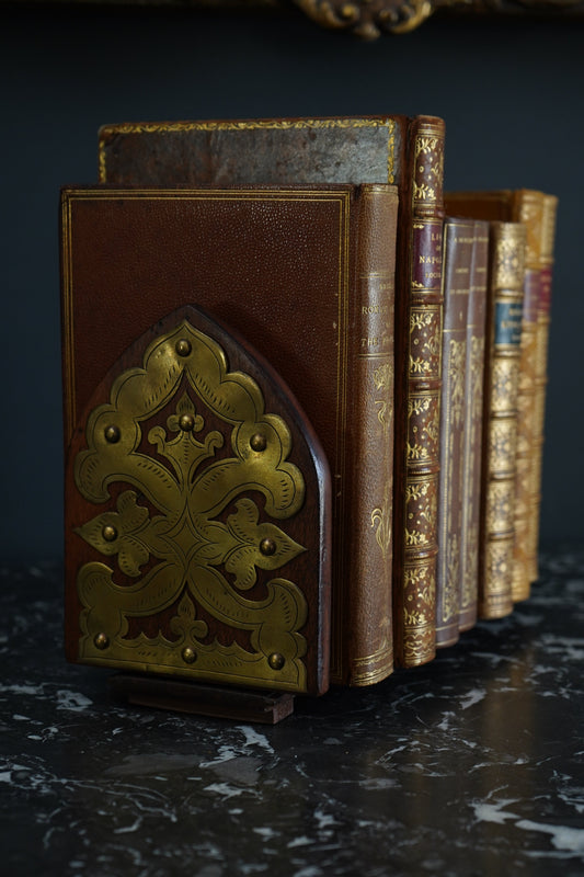 Antique Gothic Revival Folding Book Slide in Oak and Brass, c. 1890