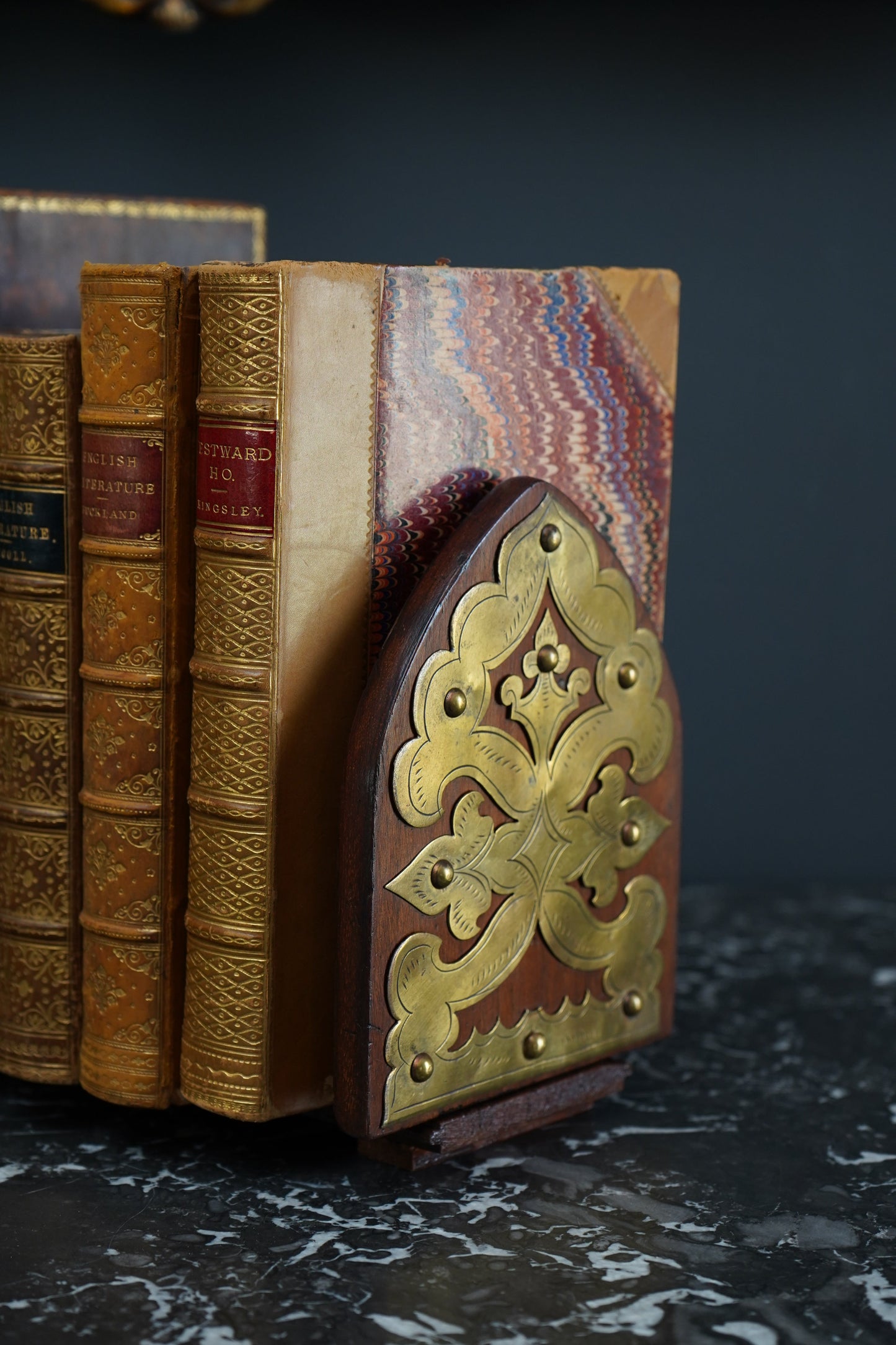 Antique Gothic Revival Folding Book Slide in Oak and Brass, c. 1890