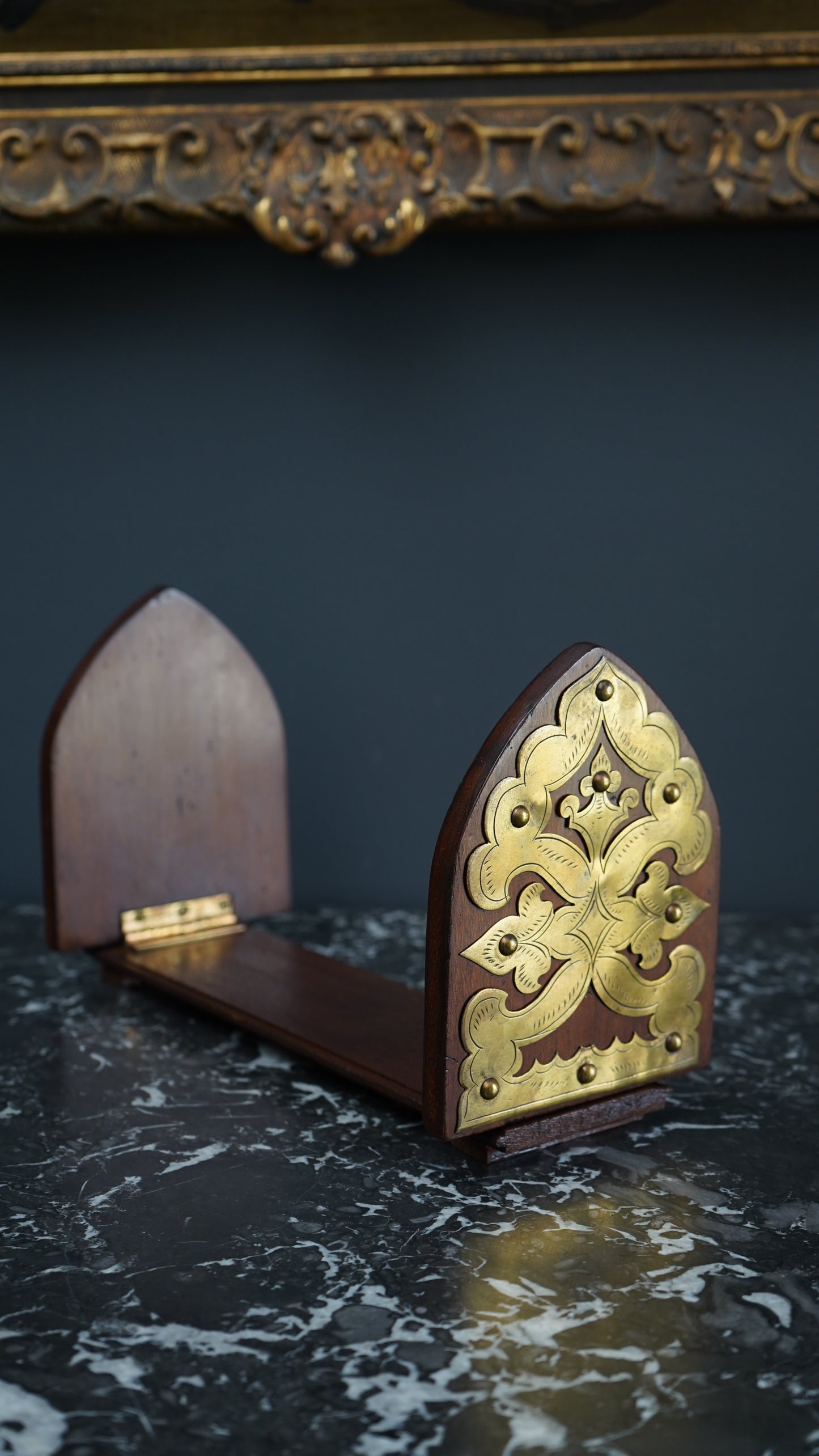 Antique Gothic Revival Folding Book Slide in Oak and Brass, c. 1890