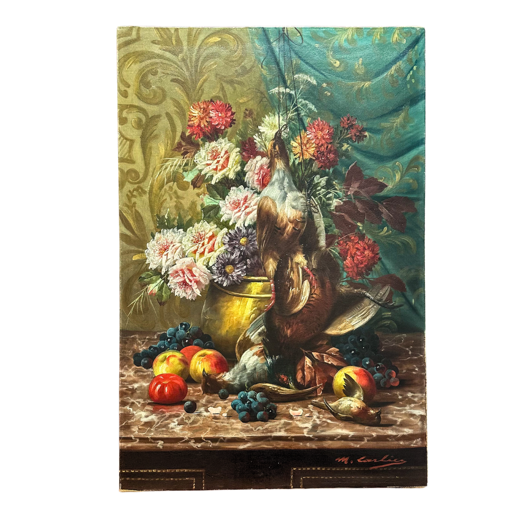 Signed Still-Life with Game Birds, Fruit, and Floral Urn Attributed to Max Albert Carlier (Belgian, 1872–1938)