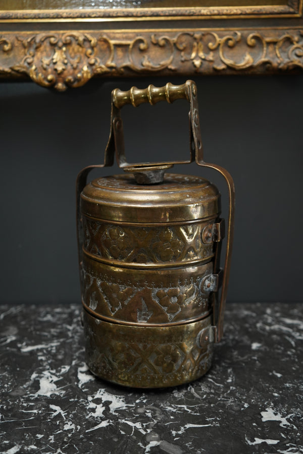 Vintage Brass Tiffin Carrier | Hand-Engraved 3-Tier Food Container with Handle secondary view