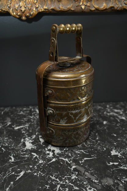 Vintage Brass Tiffin Carrier | Hand-Engraved 3-Tier Food Container with Handle