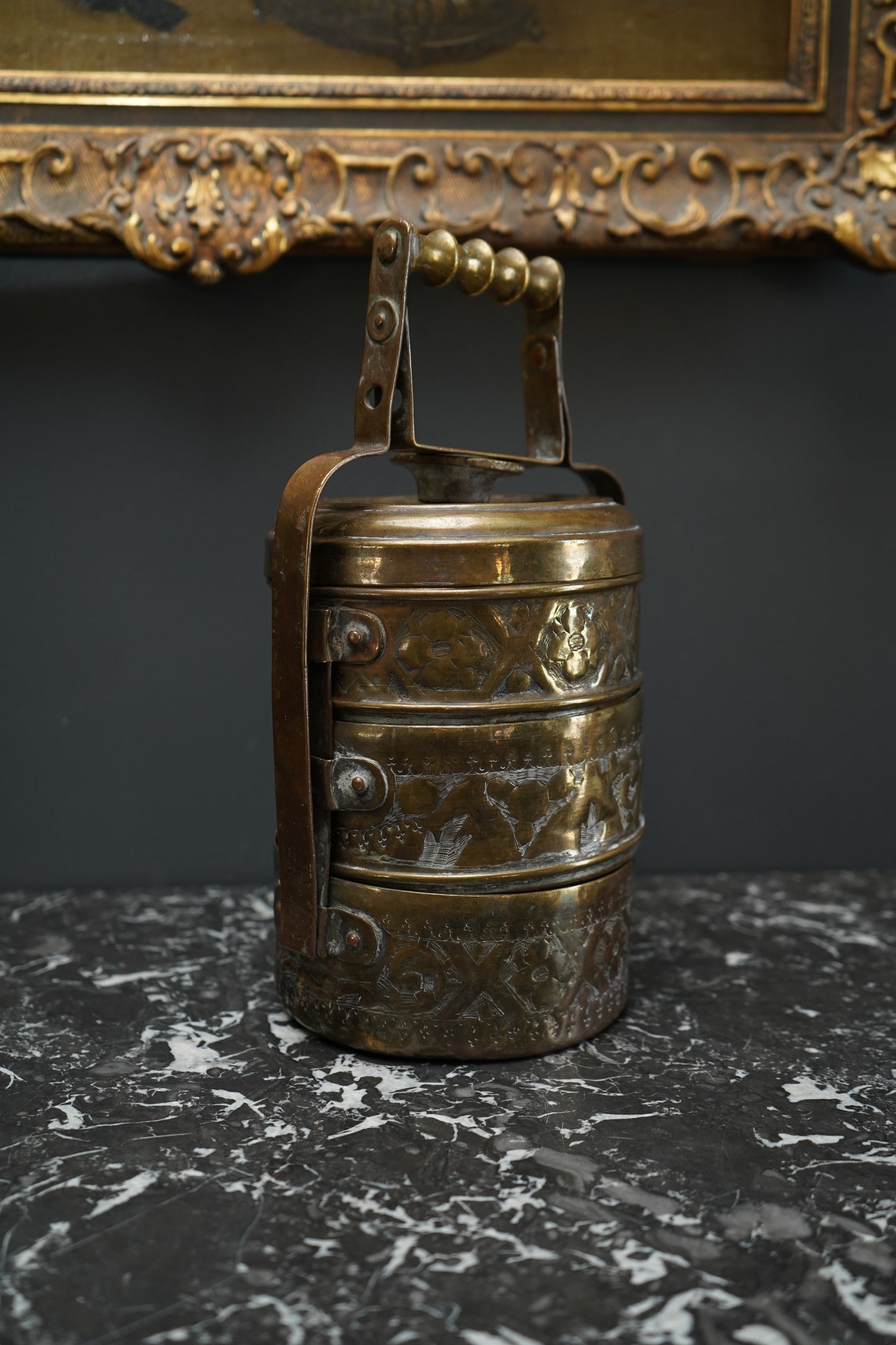 Vintage Brass Tiffin Carrier | Hand-Engraved 3-Tier Food Container with Handle