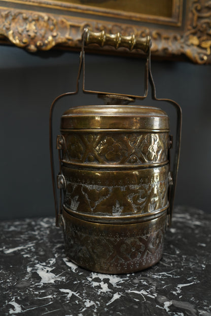 Vintage Brass Tiffin Carrier | Hand-Engraved 3-Tier Food Container with Handle