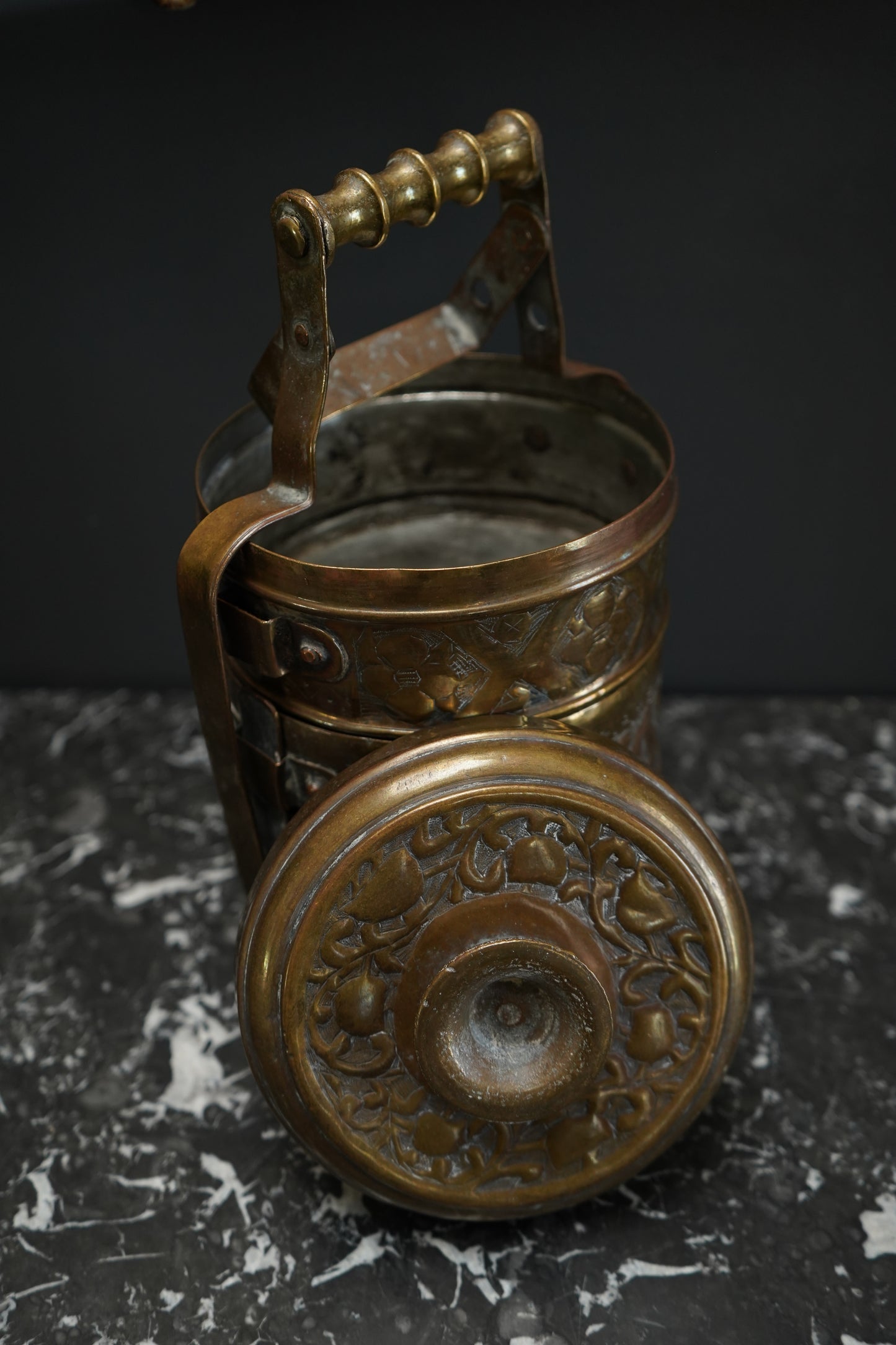 Vintage Brass Tiffin Carrier | Hand-Engraved 3-Tier Food Container with Handle