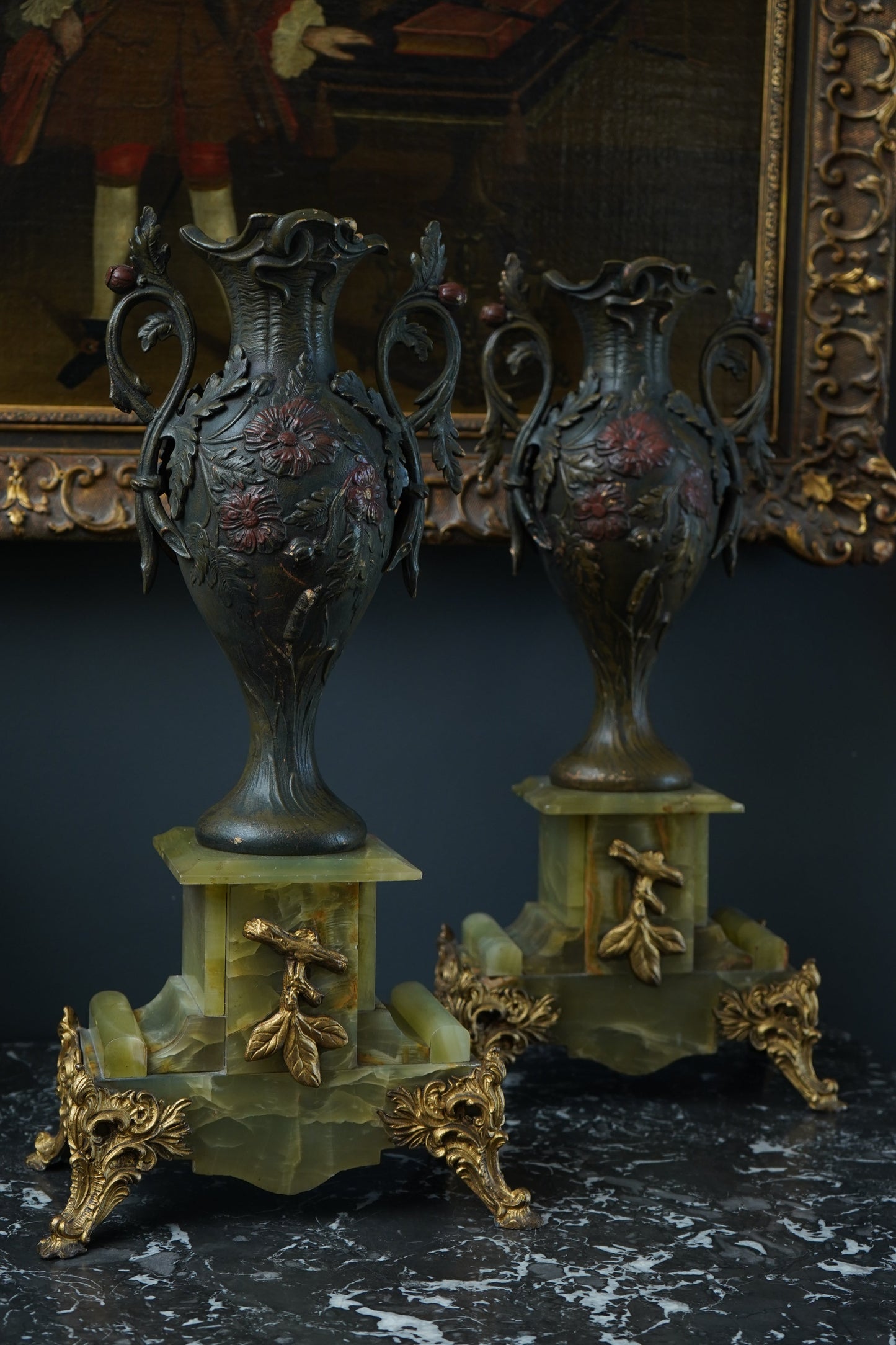 Pair of Antique French Neoclassical Spelter and Onyx Urns with Gilt Brass Accents