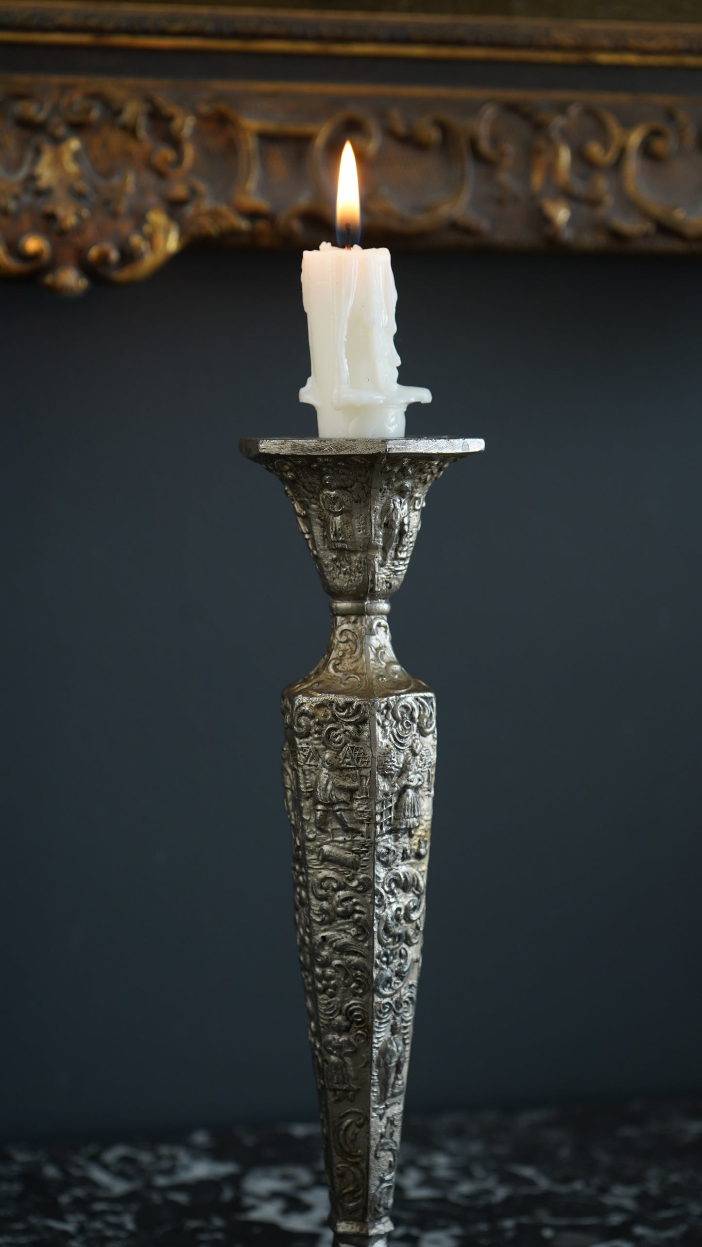 Pair of Weidlich Brothers Dutch Windmill Repoussee Silver Plated Candleholders, Pair of Vintage Silver-Plated Candlestick Holders