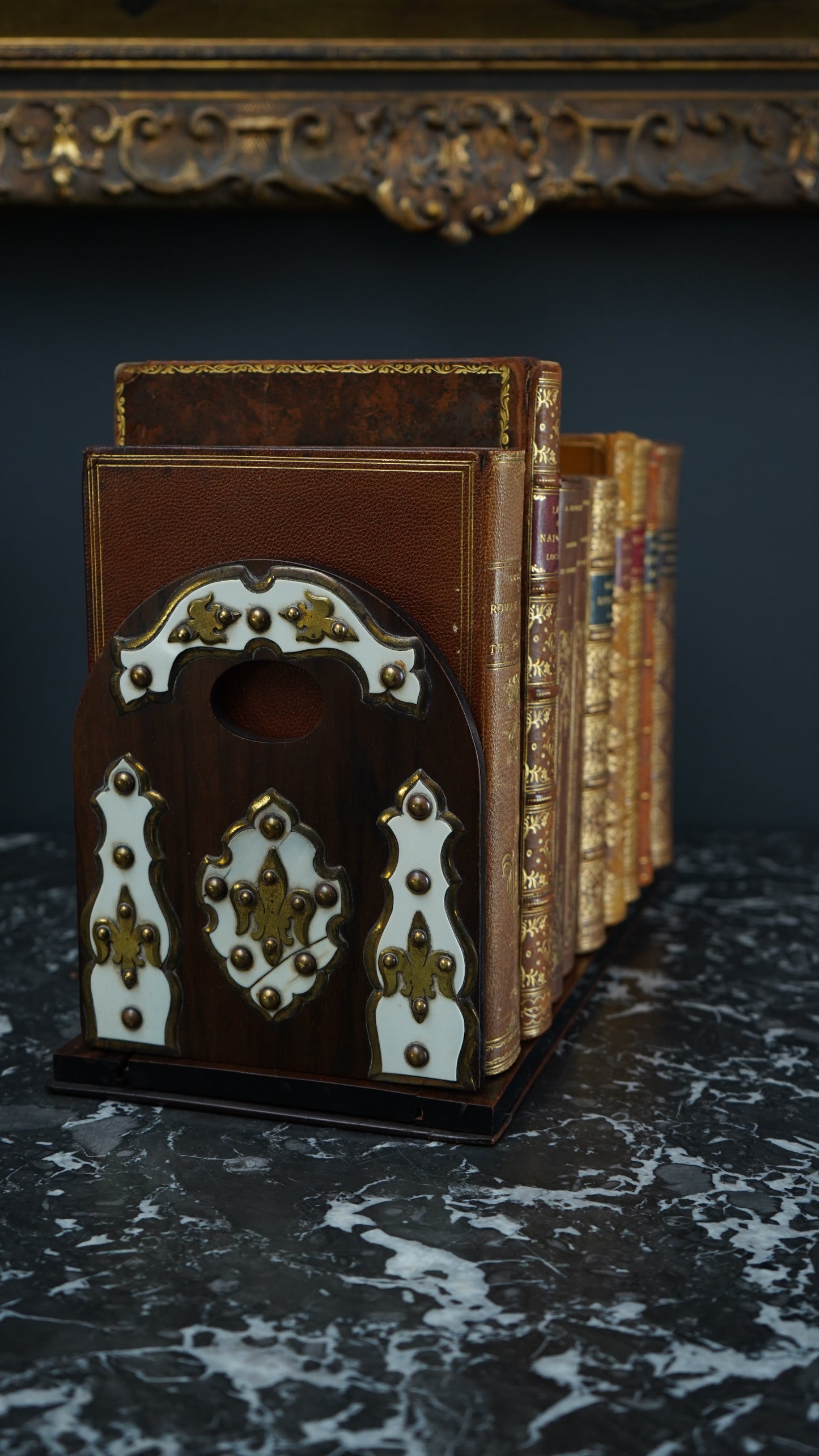 Antique Victorian Walnut, Brass & Bone Book Slide | English Expandable Book Holder c. 1870–1900