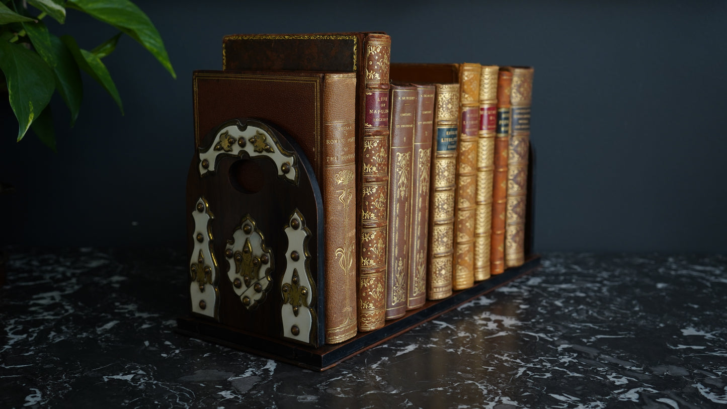 Antique Victorian Walnut, Brass & Bone Book Slide | English Expandable Book Holder c. 1870–1900