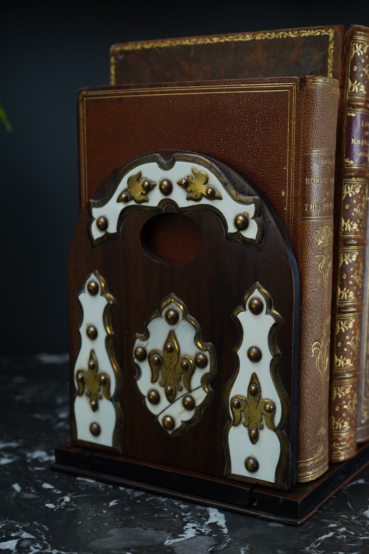 Antique Victorian Walnut, Brass & Bone Book Slide | English Expandable Book Holder c. 1870–1900
