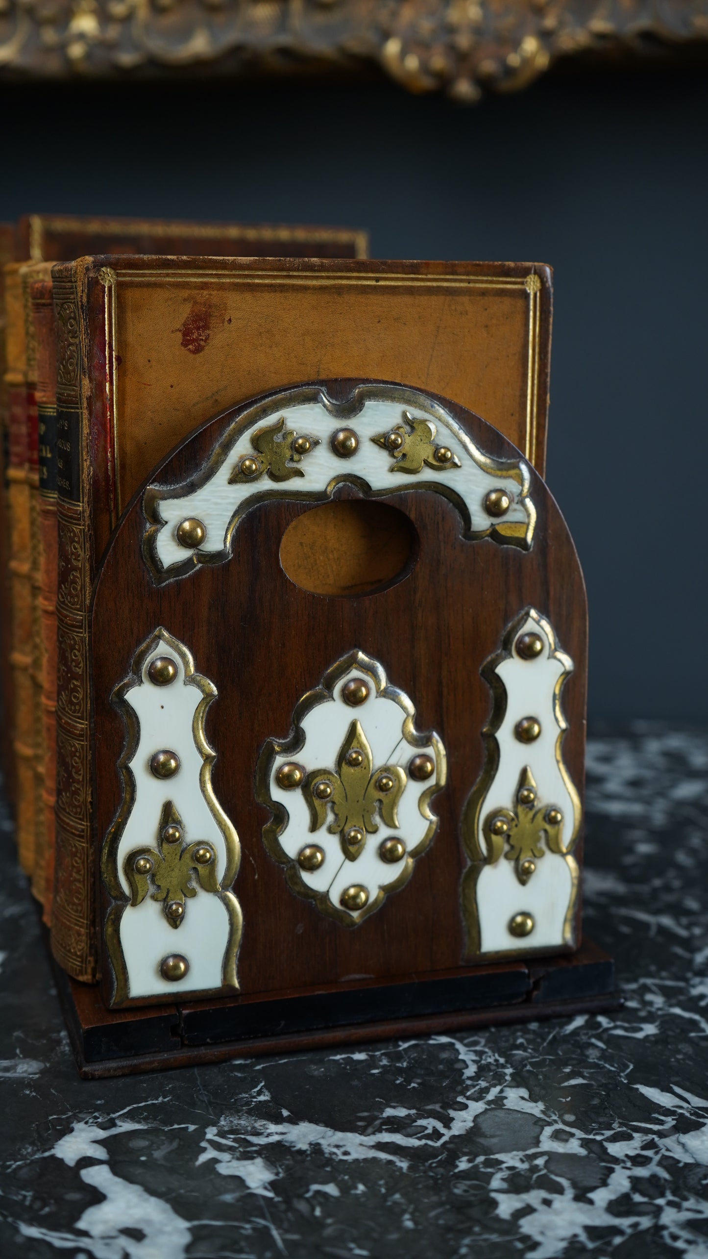 Antique Victorian Walnut, Brass & Bone Book Slide | English Expandable Book Holder c. 1870–1900